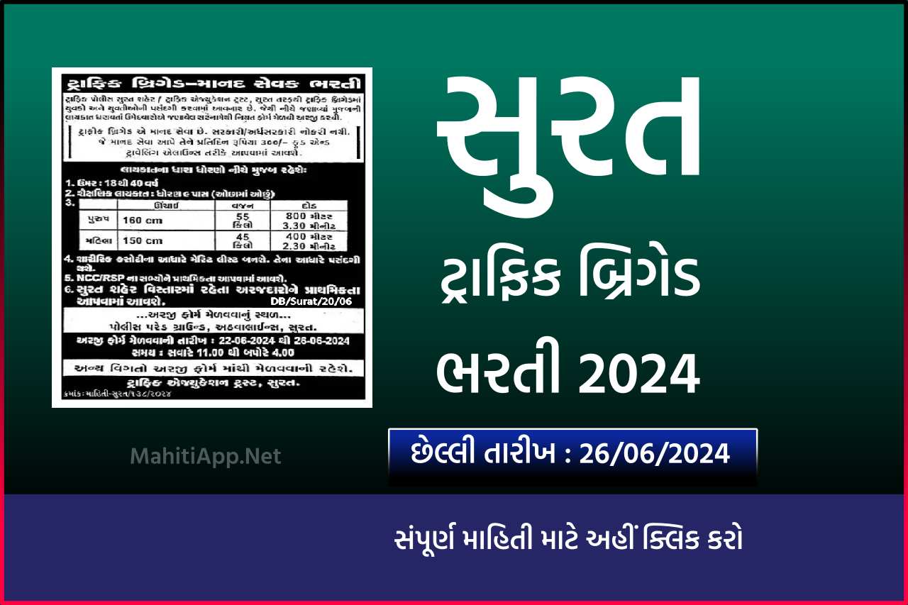 સુરત ટ્રાફિક બ્રિગેડ માનદ સેવક ભરતી 2024